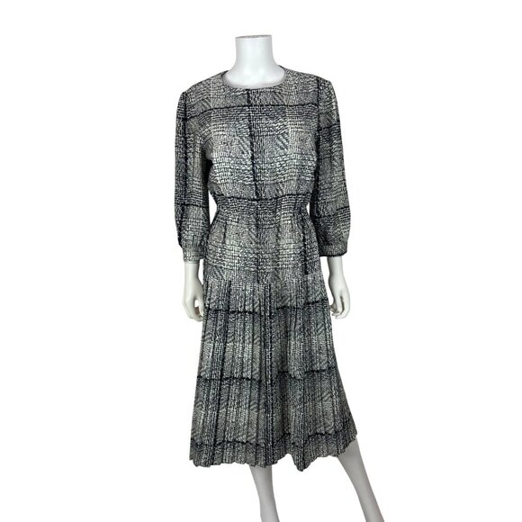 Vintage 80s Houndstooth Dress Womens Medium Black White Printed Day Sheath - Picture 2 of 10